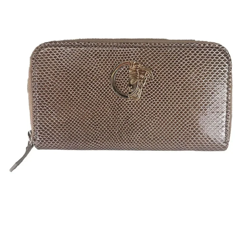 Versace Collection‎ Leather Medusa Brown Patent Zip Around Long Wallet Accordion